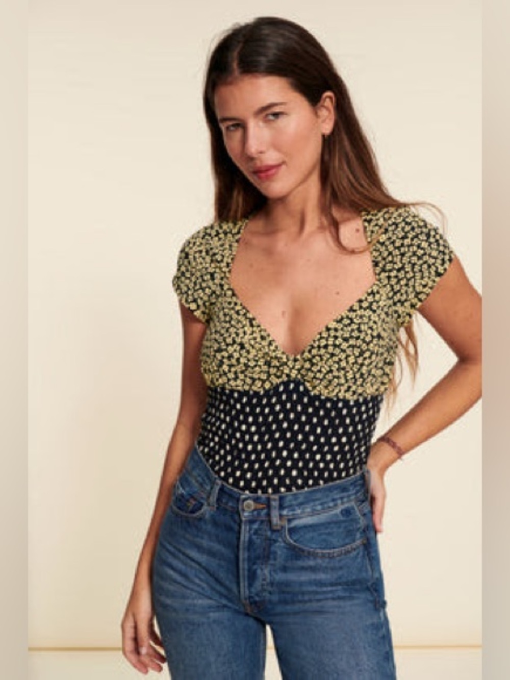Rouje Black Floral Smocked Crop Top with Yellow Print